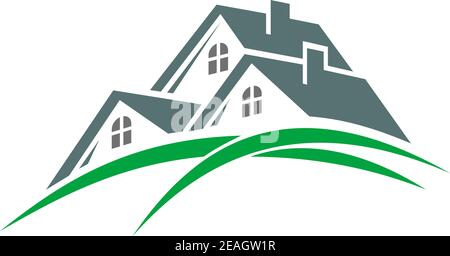 Houses in a green eco environment with three roofs above green hillsides Stock Vector