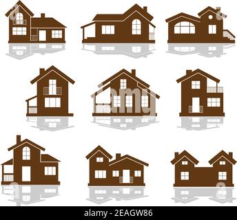 Set of apartment house icons in brown and white showing different styles of building in silhouette Stock Vector
