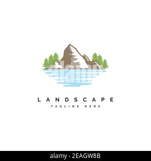 Landscape illustration logo design vector template. Mountain with lake symbol Stock Vector