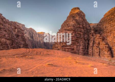 Sunset over Wadi Rum desert in Jordan Stock Photo