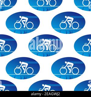 Seamless background pattern with cycling sports icon in a blue oval surround in square format Stock Vector