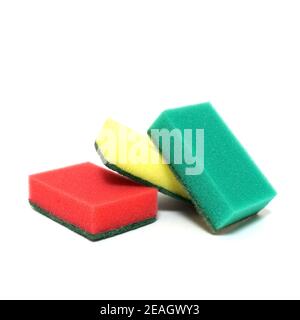 Multicolored sponges for washing dishes isolated on white background Stock Photo