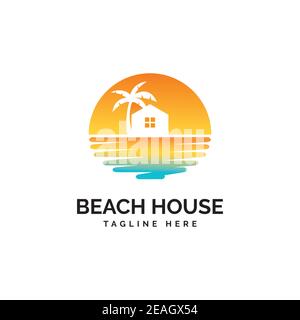 House and beach illustration logo design vector template Stock Vector