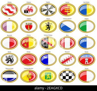 Set of vector icons. Flags of Hainaut province cities, Belgium. Stock Photo