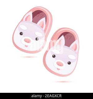Pair of Pink Soft Home Slippers with Rabbits Isolated on White. Vector Illustration. Stock Vector