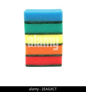 Stack multi colored sponges for washing dishes isolated on white background Stock Photo