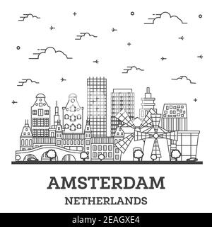 Outline Amsterdam Netherlands City Skyline with Historic Buildings Isolated on White. Vector Illustration. Amsterdam Cityscape with Landmarks. Stock Vector