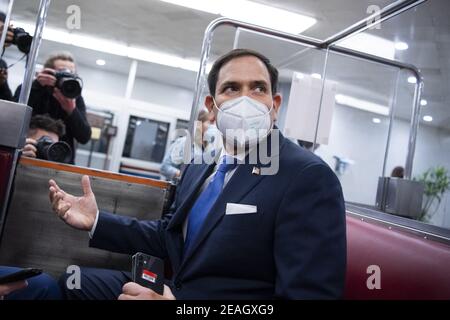 UNITED STATES - FEBRUARY 9: Sen. Marco Rubio, R-Fla., is seen in the senate subway after the first day of the impeachment trial of former President Donald Trump in the Capitol in Washington, D.C., on Tuesday, February 9, 2021. (Photo By Tom Williams/CQ Roll Call/POOL)