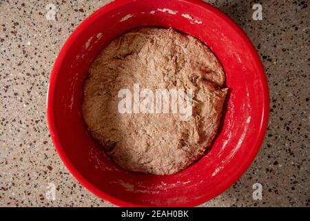 A ball of bread dough in a red mixing bowl uncovered after rising for a few hours.  Series step-by-step making homemade bread.  Frame 7 of 13 Stock Photo