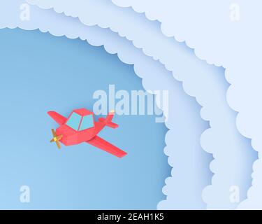 Red airplain flies through the clouds in paper cut style. Landscape with 3d sky and plaine. Vector origami polygonal illustration. Stock Vector