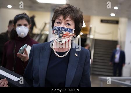 UNITED STATES - FEBRUARY 9: Sen. Susan Collins, R-Maine, speaks with reporters in senate subway after the first day of the impeachment trial of former President Donald Trump in the Capitol on Tuesday, February 9, 2021. (Photo By Tom Williams/CQ Roll Call/POOL) Stock Photo
