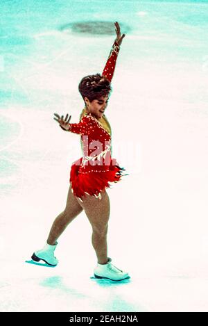 Jill Trenary (USA) competing in the Ladies Figure Skating Free Skate at the 1988 Olympic Winter Games. Stock Photo