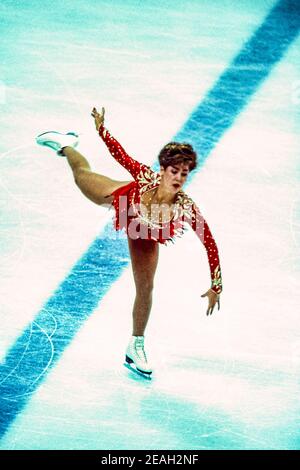 Jill Trenary (USA) competing in the Ladies Figure Skating Free Skate at the 1988 Olympic Winter Games. Stock Photo