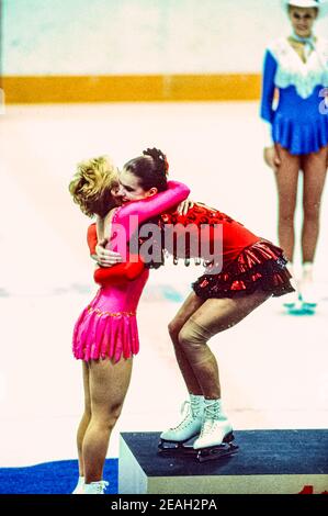 Elizabeth Manley (CAN) silver medalist and Katarina Witt (GDR) Gold medalist and Olympic Champion in the Ladies Figure Skating at the 1988 Olympic Winter Games. Stock Photo