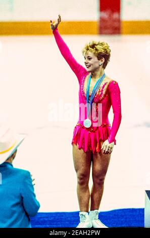 Elizabeth Manley (CAN) silver medalist in the Ladies Figure Skating at the 1988 Olympic Winter Games. Stock Photo