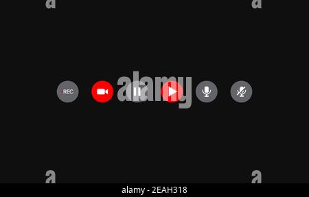 Social media buttons. Set of icons for Video streaming platform. Recording, camera, play. pause, mute, unmute microphone. Vector illustration Stock Vector