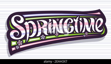 Vector lettering Springtime, greeting card with curly calligraphic font and decorative colorful stripes, voucher with unique swirly hand written lette Stock Vector