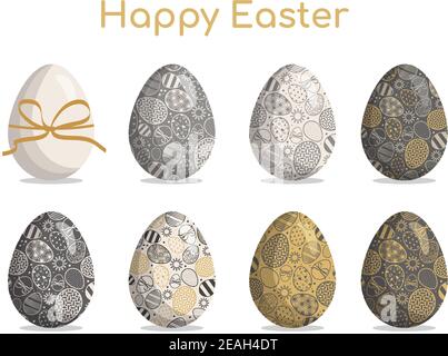Big set of Easter eggs in gold colours Stock Vector