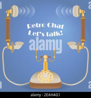Two old telephone receivers with text Retro Chat Lets talk! between them Stock Vector