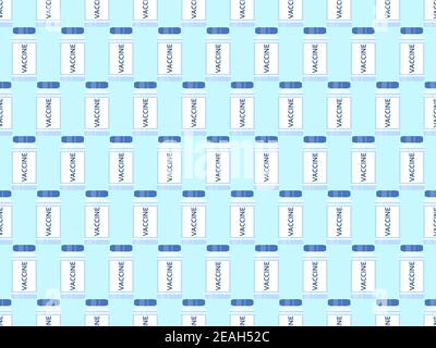 Vaccine vial seamless pattern. Vaccination against Covid-19. Middle East Respiratory Syndrome. Vector illustration Stock Vector
