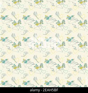 Seamless pattern with abstract composition of flowers in envelope drawing in minimal outline style on beige background Stock Vector
