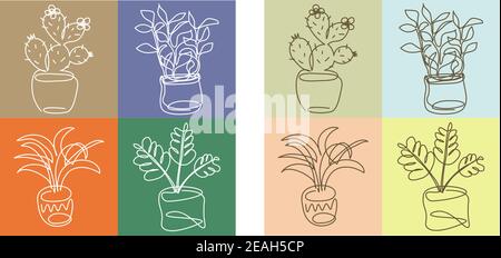 Set of square patterns with home plants drawn in outline style, backgrounds for social media, Facebook, Instagram templates Stock Vector