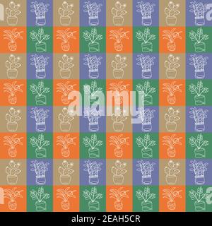 Seamless pattern with bright squares and home plants drawn in outline style Stock Vector
