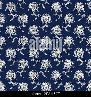 Indigo dye woodblock printed seamless ethnic floral all over pattern. Traditional oriental ornament of India, flowers of Rajasthan, ecru on navy blue. Stock Vector