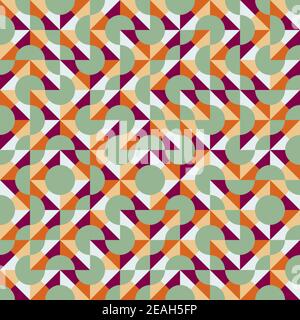Vector truchet geometric seamless pattern background. Retro multicolor backdrop with random tiled triangular, rhombus and circle shapes. Layered blend Stock Vector