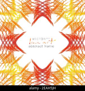 Frame of yellow, orange, red colors, line art design. Abstract border, stylized folk motif. Squiggle curves, white background. Vector sunny pattern Stock Vector