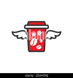 red winter take-out coffee with cap, cup holder and wings. disposable cardboard cup of coffee. Paper container icon isolated on white. Vector outline Stock Vector