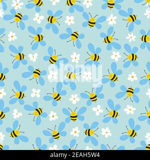 Seamless pattern with bees and flowers on blue background. Vector illustration. Adorable cartoon character. Template design for invitation, cards Stock Vector