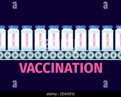 Conveyor of coronavirus vaccine vials. Vaccination against Covid-19. Middle East Respiratory Syndrome. Vector illustration Stock Vector