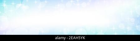 Panoramic banner template. Light turquoise, blue, violet hues. Shiny pattern of bokeh, sparkles and stars. Vector colored background, white copy space Stock Vector
