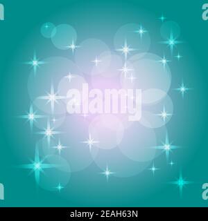 Mysterious teal background. Magical pattern of bokeh, sparkles and stars. Saturated teal, pink, white color gradient. Abstract vector design. EPS10 Stock Vector