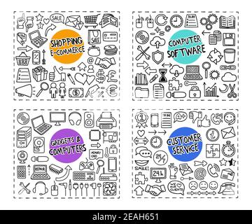 Gadgets, Computers, Computer Software, Customer Service, Shopping doodles set Stock Vector