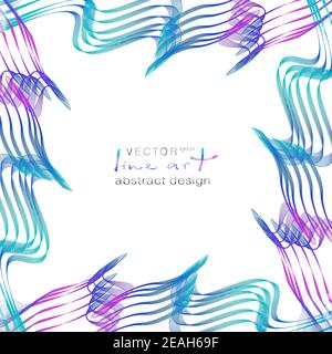 Colored frame, squiggly thin lines. Blue, purple, teal gradient. Line art design. Vector abstract wave pattern, symmetric curves. White copy space Stock Vector