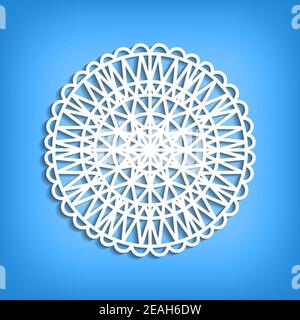 White template snowflake with shadow on blue background. Isolated snowflakes icon. Empty paper shape. Winter cartoon flat illustration. Geometric Stock Vector
