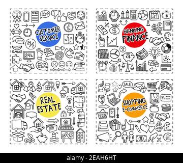 Finance and Banking, Customer Service, Real Estate and Shopping doodle icons set Stock Vector