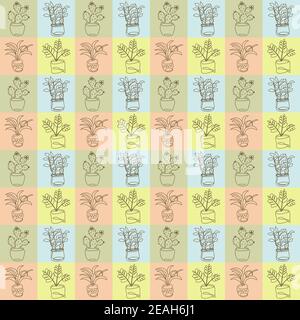 Seamless pattern with pale squares and home plants drawn in outline style Stock Vector