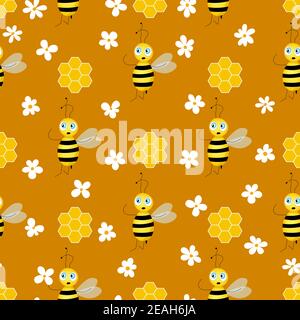 Seamless pattern with bees and honeycombs on brown background. Small wasp. Vector illustration. Adorable cartoon character. Template design for Stock Vector