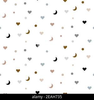 Confetti dots and hearts shapes seamless pattern. Background for paper wrap, textile, package and print design. Stock Vector