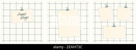Set of three Mood boards on white wall with one or three mockup pieces of paper of different sizes and binders for planning, education, inspiration or Stock Vector