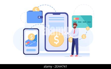 Flat cartoon character transfer money online using mobile app,vector illustration concept Stock Vector