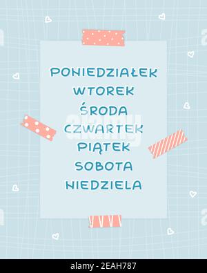 Blue isolated set of flat Week days from Monday to Sunday in Polish language, white shadow. Patterned background with pink washi tape and paper with l Stock Vector
