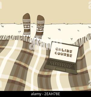 Vector open brown outline laptop is on retro plaid on bed in bedroom at home. Online educational course lettering is shown on screen. Human starts lea Stock Vector