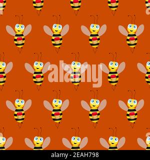 Seamless pattern with bees on brown background. Vector stock illustration. Adorable cartoon character. Template design for invitation, cards, textile Stock Vector
