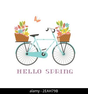 Old retro blue bicycle with flowers bouquet in baskets Stock Vector