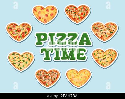 Set of eight cartoon heart pizzas with different ingredients isolated on blue background for Valentines day party. Green Pizza time bulky text. White Stock Vector