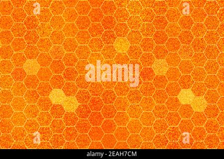 Golden background with honeycomb shapes. Vector illustration. Pattern with glitter effect. Template texture for invitation, poster, card, banner Stock Vector